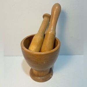 Large Wood Mortar & 2 Pestles -Square and Round Vintage